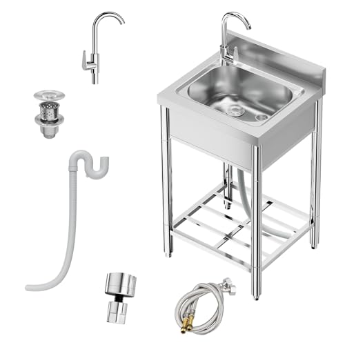 21''x20''x37'' Free Standing Stainless Steel Kitchen Sink with 360° Rotating Faucet, Hot and Cold Water Supply, and Storage Rack for Kitchens, Restaurants, and Outdoor Areas