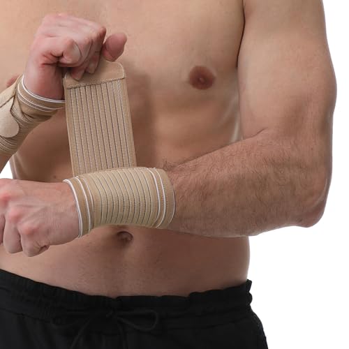 NEOtech Care - fascia di supporto per polso - cinghia di compressione regolabile - tessuto elastico e traspirante - per tennis, sport, ginnastica - uomo/donna - mancini e destrosi (Beige, M, 1 Paio)