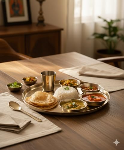 Image of Kansa Thali Set |Traditional Pure Bronze Dinner Plate with Bowls, Rose Engraved Design, Indian Dining Serveware | Set of 6