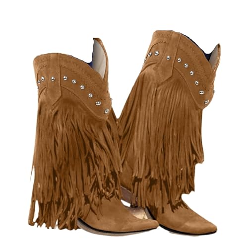 Botas Vaqueras Botas for mujer cómodas con tacón grueso y punta puntiaguda flecos occidentales hasta la rodilla for pantorrilla ancha(Brown,38)
