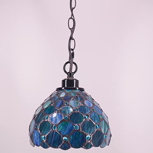 Zjart Small Tiffany Style Plug In Pendant Light Mini Sea Blue Stained Glass Chandelier With 16.4 Ft Hanging Cord In Line On/Off Push Switch Vintage Swag For Dining Room, Bedroom Or Porch - 8 Inch Wide #TOP6