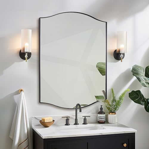 Image of ANDY STAR 30 inchx40 inch Scalloped Wall Mirror,Matte Black Rectangle Bathroom Mirror with Curved Edge Stainless Steel Metal Frame, Large Wall-Mounted Mirror for Bathroom, Entryway (Horizontal /Vertical)