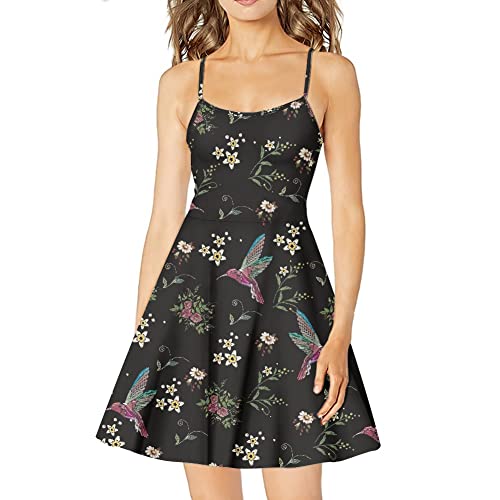Dremagia Vestido de verano con tirantes delgados para mujer, sin mangas, para fiesta en la playa, Colibrí floral., 3X-Large