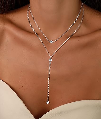 Lariat Gold Necklace for Women, 14k Gold Plated Dainty Long Layered Y Necklaces CZ Pendant Choker Necklace Simple Trendy Gold/Sliver Jewelry Gift for Women3