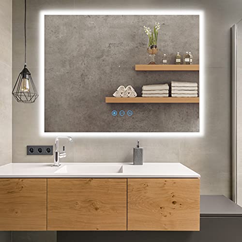 Homedex 48”x 36” Backlit Bathroom Mirror LED Vanity Mirror with 3 Colors Light, Dimmable Touch Switch Control, Anti-Fog Wall Mounted Makeup Mirror for Wall (Horizontal Vertical)
