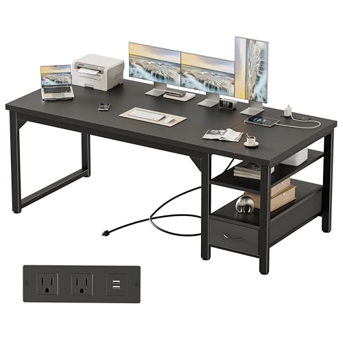 Image of Mericonia 63 inch Computer Desk with Drawer, 1.2 inch Thick Reversible Office Desk | Modern Writing Table with Power Outlets & Storage Shelves, Heavy Duty Industrial Executive Desk for Home Bedroom Study Work