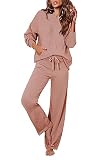 Viottiset Women's 2 Piece Outfits Sweater Set Long Sleeve Hoodies Sweaters Wide Leg Pants Lounge Sets Sugar Almonds M