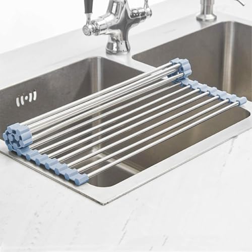 Image of Zollyss Roll Up Dish Drying Rack Over Sink 44.5 x 34.8 cm, Foldable Stainless Steel Dish Drainer with BPA Free Silicone, Heat Resistant Kitchen Sink Drying Rack & Countertop Organizer