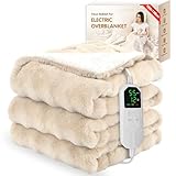 Warmfay Heizdecke mit Abschaltautomatik, 180 × 130 cm Kunstfell Kaninchen Fleece Wärmedecke Elektrisch Heizdecke mit 8 Heizstufen & 1-12H Timer, Waschbar Kuscheldecke für Bett & Sofa - Aprikose