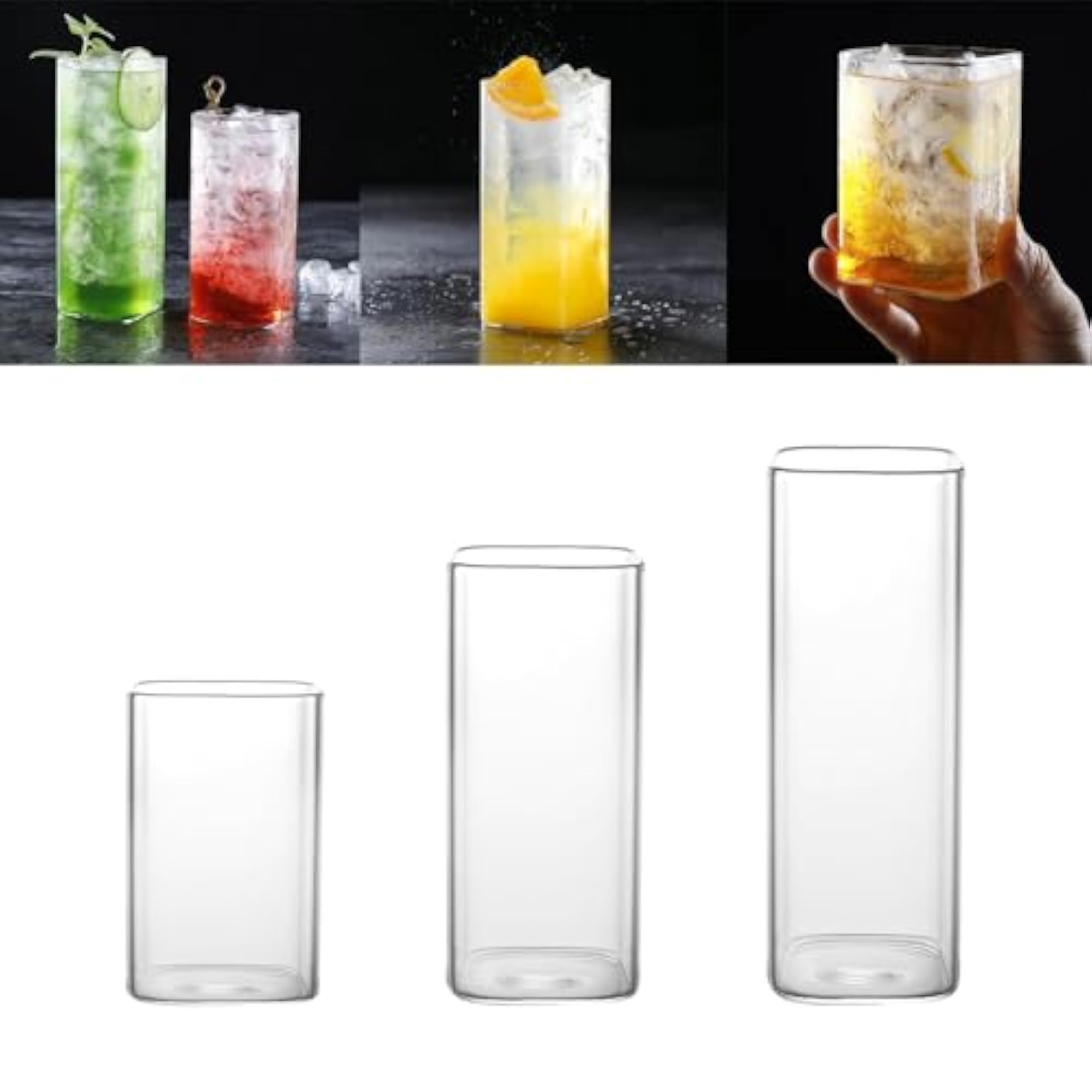 6x Highball Glass Square Clear Glassware for Everyday Use