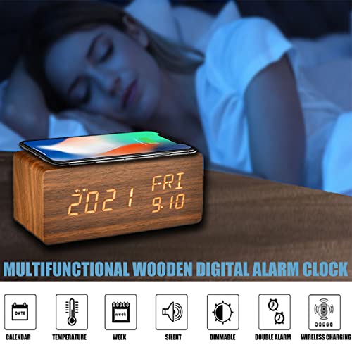 Hzdhclh Digital Desk Clock,Wireless Charging Alarm Clock,Bedside Table Clock With Snooze,Temperature,Dimmable Led Display,Usb Charging (Brown) #TOP1
