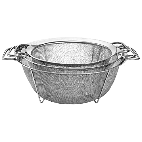 Dicunoy Set of 3 Stainless Steel Strainers and Colanders, Mesh Strainer Basket with Handle, Rice Strainer,Stackable Mesh Footed Colander for Rinse Food, Fruit, Vegetable, Strain, Drain (2.8/3.4/5.7L) - Image 4