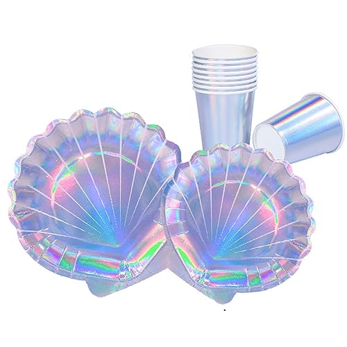 Dulousia Seashell Paper Plates Cups, Mermaid Party Supply, Disposable Glitter Iridescent Ocean World Shell Tableware for Wedding, Bridal Shower, Baby Shower, Dinner, Birthday Party Decorations 48pcs
