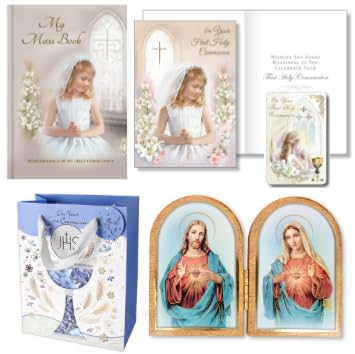 Messbuch zur Erstkommunion, mit Lesezeichen und heiligem Herz Maria und Jesus, zusammenklappbares Holzschild, Geschenkkarte und Tasche im Lieferumfang enthalten, Junge Mädchen Uni (Jungen/Männer