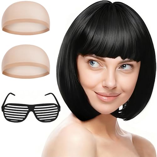 AUYAO Perruque Partyrama, 28cm bob court avec frange Unique, Perruque Coupe au Carré Classique avec Lunettes et bonnets de perruque pour le carnaval &...