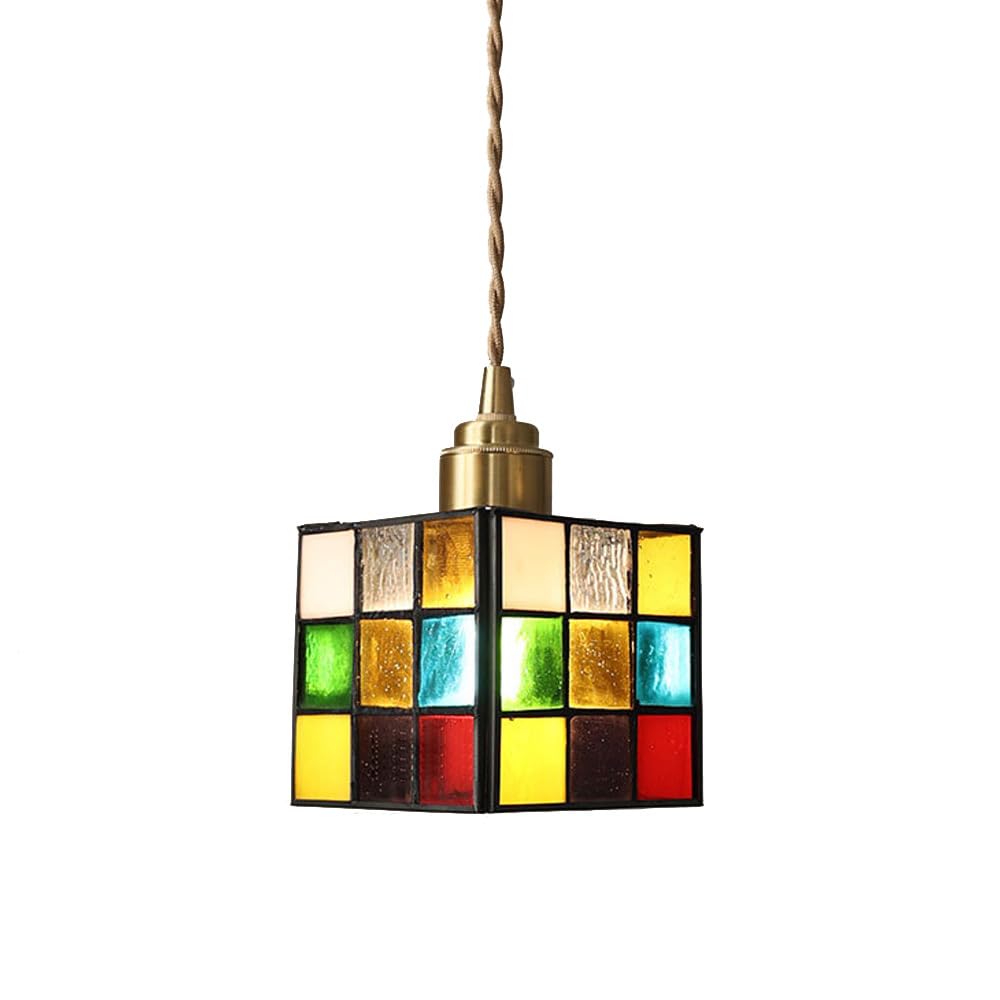 Klobvtt Square Pendant Light Stained Glass Hanging Lamp Tiffany Style Kitchen Island Lighting Fixture Vintage Drop Ceiling Lamps E27 Suspended Lights for Dining Table Bedroom