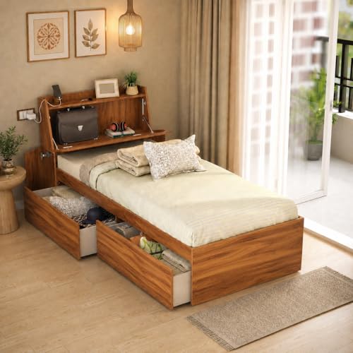 Image of Studio Kook Tribe Headboard Storage Engineered Wood Single Bed with Drawers (Amber Walnut, Left Side Drawer)