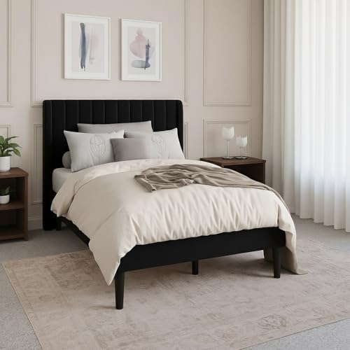 Image of Modern Upholstered Single Size Bed Without Storage | Single Size Bed for Bedroom with Headboard | Palang Furniture for Guest Room, Hotels and Home | Black, (Black)