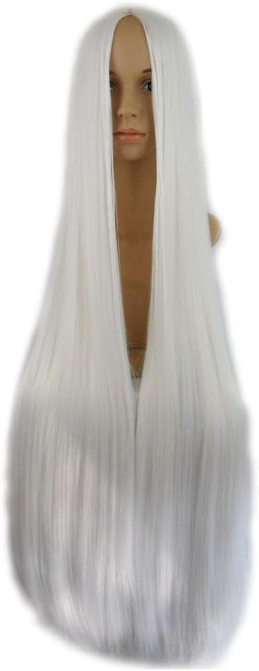 SMUSTY Women Anime Cosplay Wigs 100cm 39.4inch Long Straight White Synthetic Full Rose Network Lace Wigs for Women (White Centre Parting)