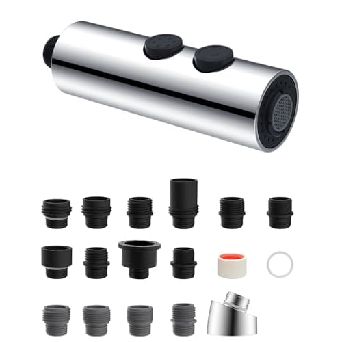 Metal Pull Down Kitchen Faucet Head Replacement with 15 Adapters, Pull Out Sink Spray Head, 2 Function Spray Nozzle Compatible with Moen, American Standard, Delta, Kohler Faucets, Chrome (Si