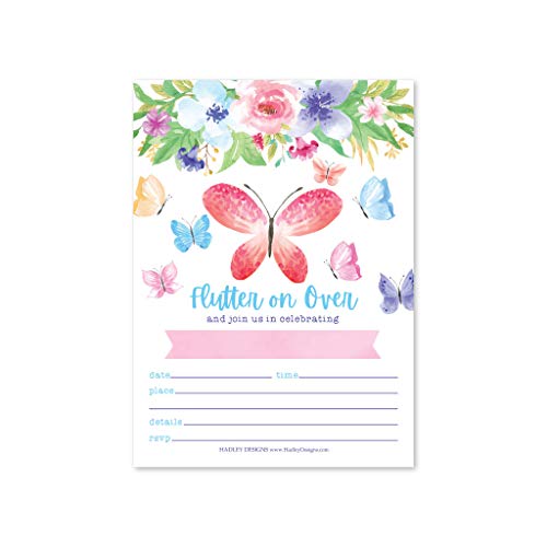 Image of Hadley Designs Kids Birthday Invitations Girl Butterfly Theme - 25 Butterfly Birthday Party Invitations For Girls, Flutter on Over Invites For Girls, Cute Party Supplies, Made in USA