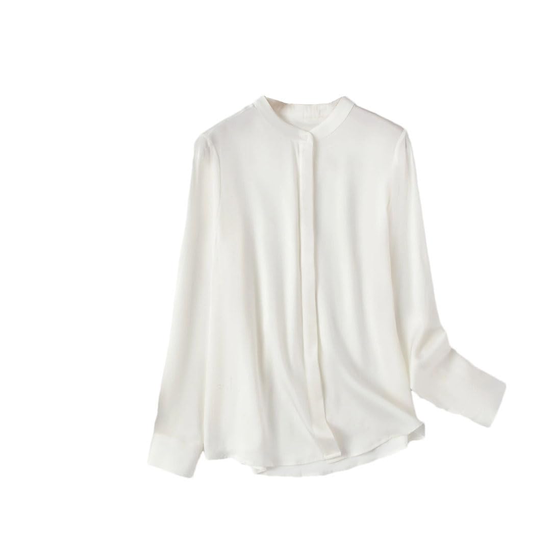Blusa formal de seda satinada para mujer, manga larga, cuello alto