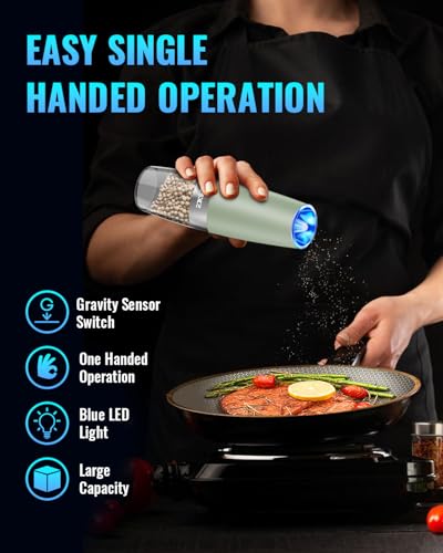 XinXu Gravity Electric Pepper and Salt Grinder Set, Adjustable Coarseness, with LED Light, One Hand Automatic Operation (Set/Light Green X)
