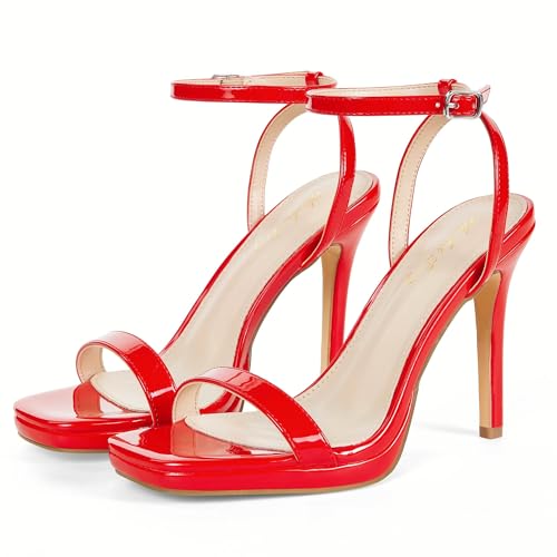 Elisabet Tang Womens Stilettos Heeled Sandals Open Square Toe Heels,4.3 Inch Open Toe Strappy Sexy High Heels Ankle Strap Buckle Heels for Party Wedding Dress Daily Wear Shoes