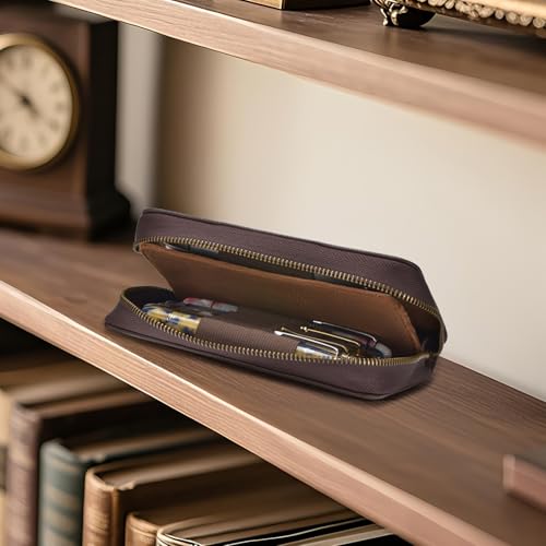 Image of Fountain Pen Leather Pen Case 10 Divided Slots, Rollerball Pen Holder Handmade Display Organizer Zippered Pouch