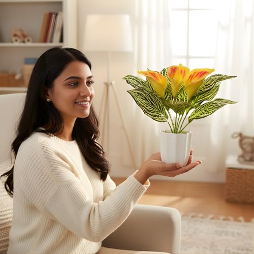 Image of fancymart Artificial Calla Lily Plant with Pot - 30 cm Height Decorative Flower Leaves (Pack of 1) | Realistic Faux Plant for Home & Office Decor | Table, Shelf & Desk Decoration