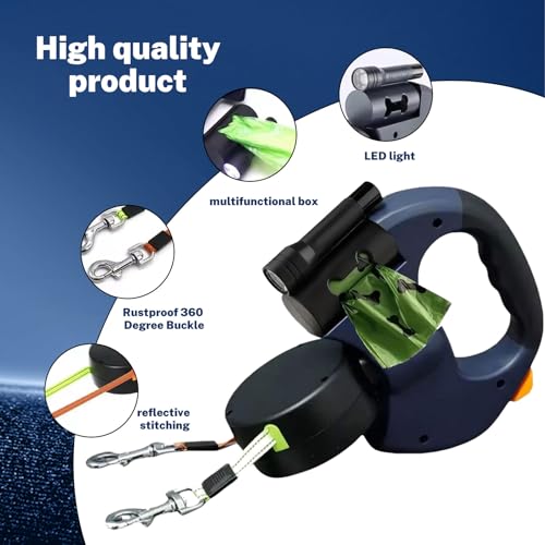 Einziehbare Hundeleine,10Fuß Hundeleine mit LED-Licht, Doppelleine für 2 Hunde, 360° Verhedderungsfreier Leinenverlängerung, mit Kotbeutel, für Hunde bis 50kg, für Training und Spaziergänge (Schwarz)