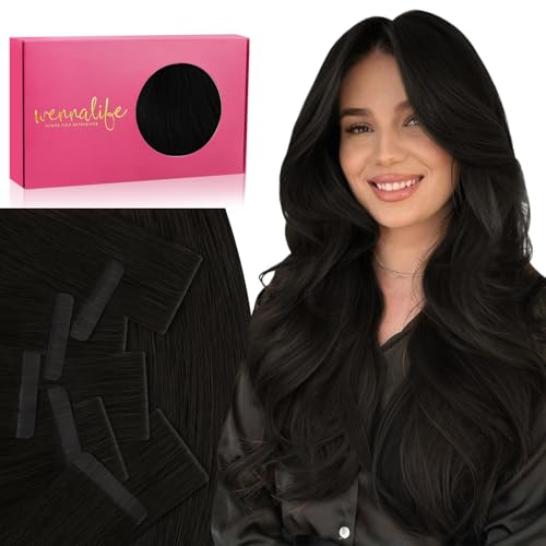 Image of WENNALIFE Invisi Edge Tape in Hair Extensions Human Hair,#1B,16 Inch | 16 Inch 100g 40pcs (Invisi Edge & Classic) Natural Black Invisi Remy Hair Natural Seamless Injected Tape Ins