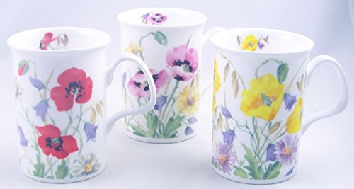 Fine English Bone China Mugs - Set of Three - English Meadow By Roy Kirkham