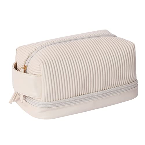Makeup Bag, Large Double Layer Waterproof Travel Bag with Handle and Brush Compartment for Women (Cream)