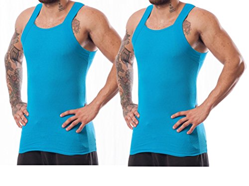 2 Pack Men's G-Unit Style Tank Tops Square Cut Muscle Rib A-Shirts (2XL, Turquoise)