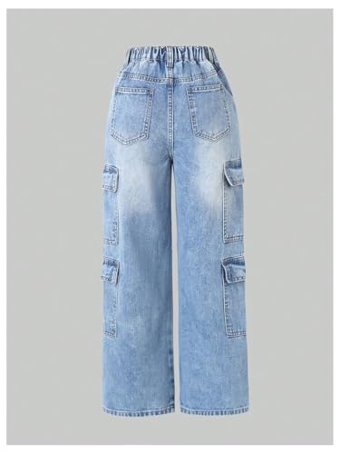 Floerns Girl's High Waisted Straight Leg Cargo Jeans Stretch Baggy Denim Pants2