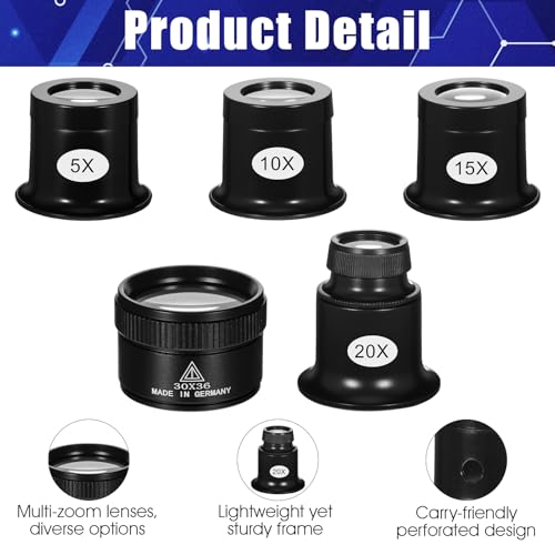 5 Stück Juwelier Lupe Uhrmacherlupe 5x/10x/15x/20x/30x, Tragbar Vergrößerungsglas Glas Schmuck Lupe, Uhrmacher Okular Juwelierlupe