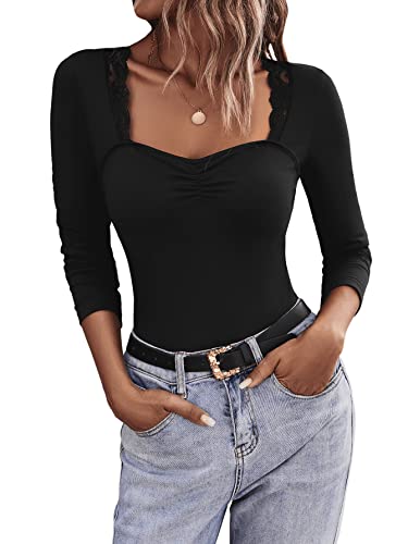 GORGLITTER Camiseta de manga larga para mujer, con escote corazón, informal, con ribete de encaje, Negro , M Cover