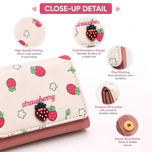 Image of Valerie Wallets for Women Leather Cute RFID Blocking Small Bifold Wallet with Zipper Coin Purse for Girls and Ladies Women's Wallet (Strawberry Pink)