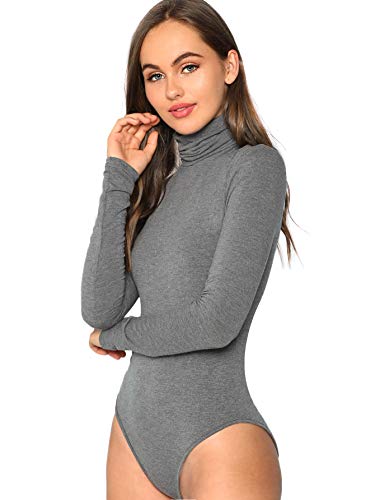 Verdusa Women's High Neck Long Sleeve Skinny Basic Bodysuit Leotard Grey L