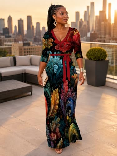 Image of PinkPatty Plus Size Maxi Dress for Women Casual V Neck 3 /4 Sleeve Boho Printed Long Dress with Pockets
