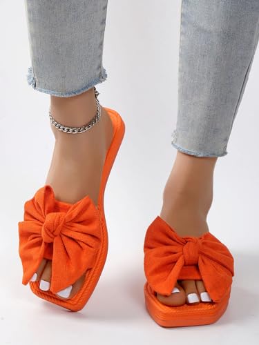 GORGLITTER Women's Cute Bow Flat Sandals Square Open Toe Slide Sandals Wide Width Sandals Dressy Beach 20254