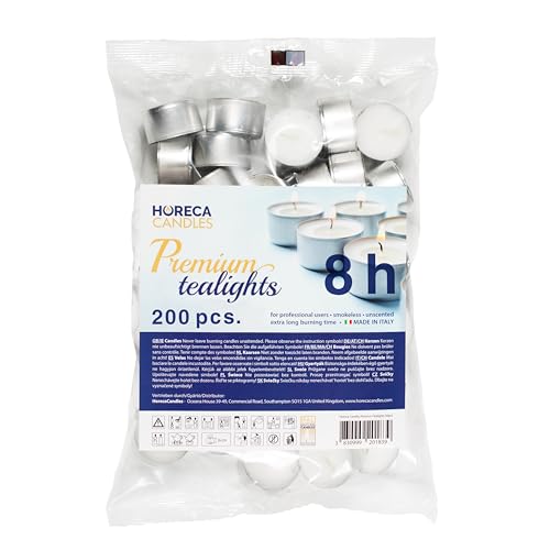 Horeca Candles - 200 Lumini Tealight Premium - Durata 8 ore di Combustione - Set da 200 Pezzi Tè Luci - Candele Bianche - Non profumate