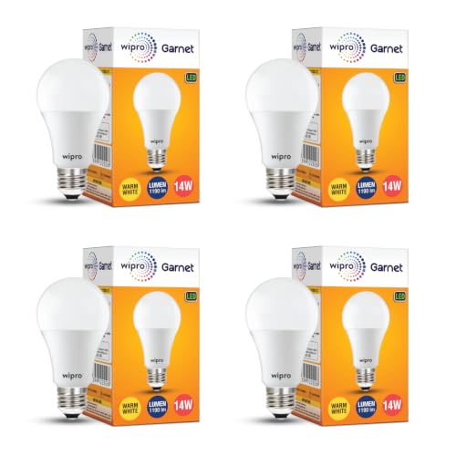 Image of wipro Garnet 14W LED Bulb for Home & Office |Warm White (2700K) | E27 Base|220 degree Light coverage |4Kv Surge Protection |400V High Voltage Protection |Energy Efficient | Pack of 4
