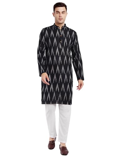 Image of SKAVIJ Men's Pure Cotton Printed Kurta Pajama Set Ikat Design Casual Ethnic Dress