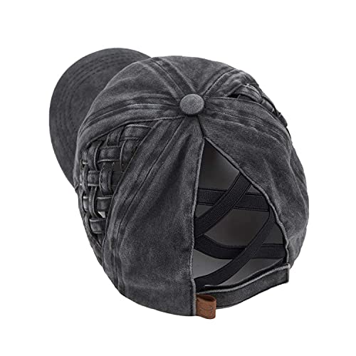Funky Junque Criss Cross Hat Womens Baseball Cap Distressed Ponytail Messy Bun Trucker Ponycap (Basketweave - Black) #TOP5