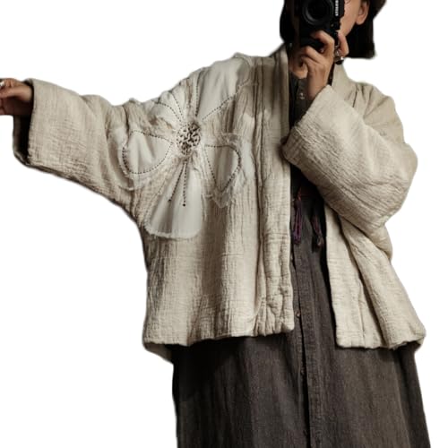 NFYM Women Cotton Linen Quilted Jacket Hand Embroidered Applique Flower Open Front Kimono Coat