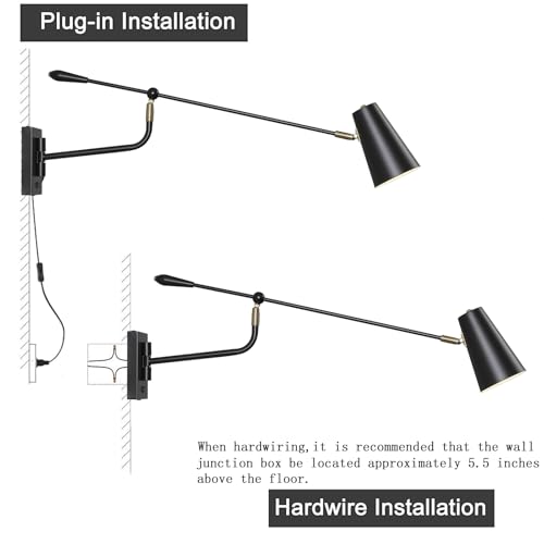Image of 33 inch Large Black Rotatable Movable Long Pole Swing Arm Wall Sconce | Adjustable Direction Dual Power Modes Hardwired /Plug in Wall Light, Vintage Industrial Wall Lamps for Living Room Bedroom