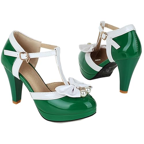 Image of Elbslutt Women's Cute Retro Rockabilly Shoes T Strap Mary Janes Heels Chunky Cosplay Shoes Sweet Block Heeled Bow Pumps