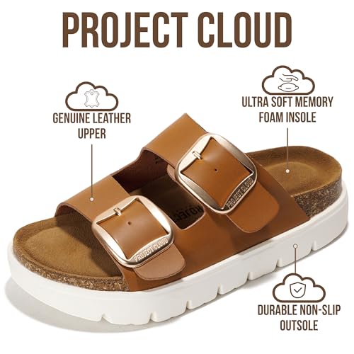 Image of Project Cloud 100% Genuine Leather Platform Sandals Women Footwear - Wedge Chunky Slides for Women 2026 with Memory Foam Insole & Cork Footbed Womens Sandals (GreeceChunky)